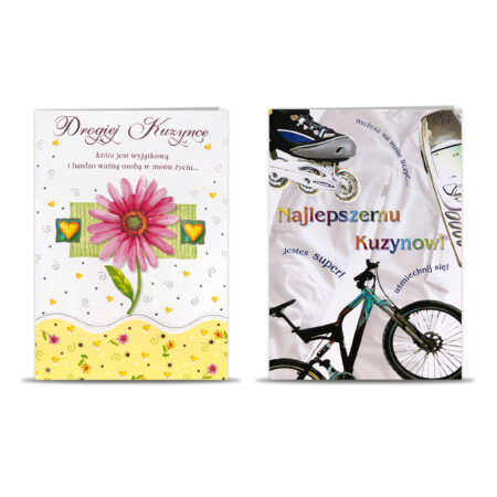Zdjęcie przedstawia dwie kartki okolicznościowe dla kuzynostwa. Pierwsza – biała z różowym kwiatem i złotymi serduszkami, z napisem Drogiej Kuzynce. Druga – z rowerem i rolkami na tle jasnego materiału, z napisem Najlepszemu Kuzynowi.
