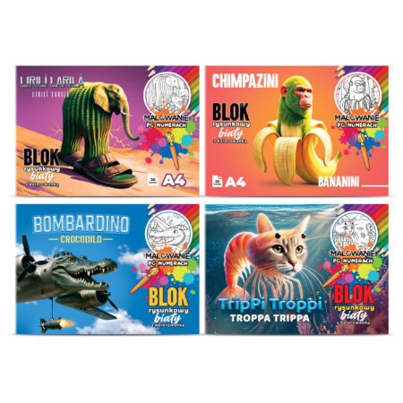 Zdjęcie przedstawia komplet bloków rysunkowych A4 z kolorowanką. Okładki przedstawiają fantastyczne zwierzęta Italian brainrot: Lirili Larila, Chimpanzini Bananini, Bombardino Crocodilo oraz Trippi Troppi.