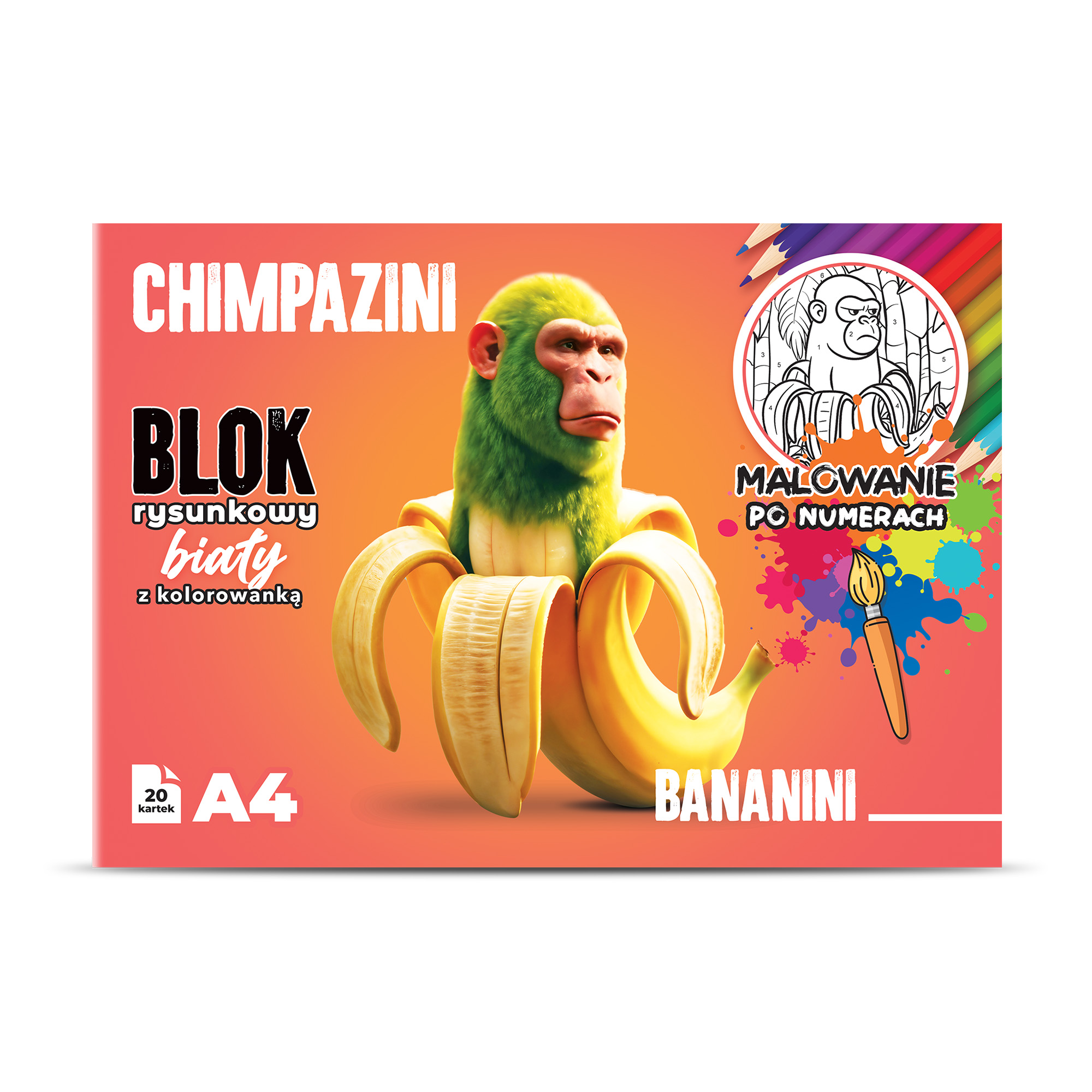 Zdjęcie przedstawia blok rysunkowy biały A4 z kolorowanką. Okładka przedstawia Chimpazini Bananini - zieloną małpę przebraną za banana.