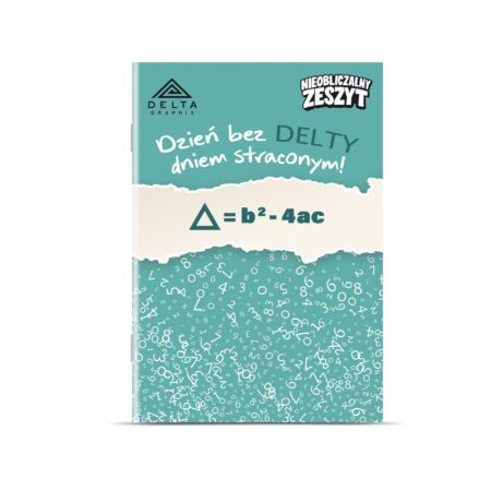 Zeszyt w kratkę z turkusową okładką, napis Dzień bez Delty dniem straconym! oraz wzór matematyczny delty.