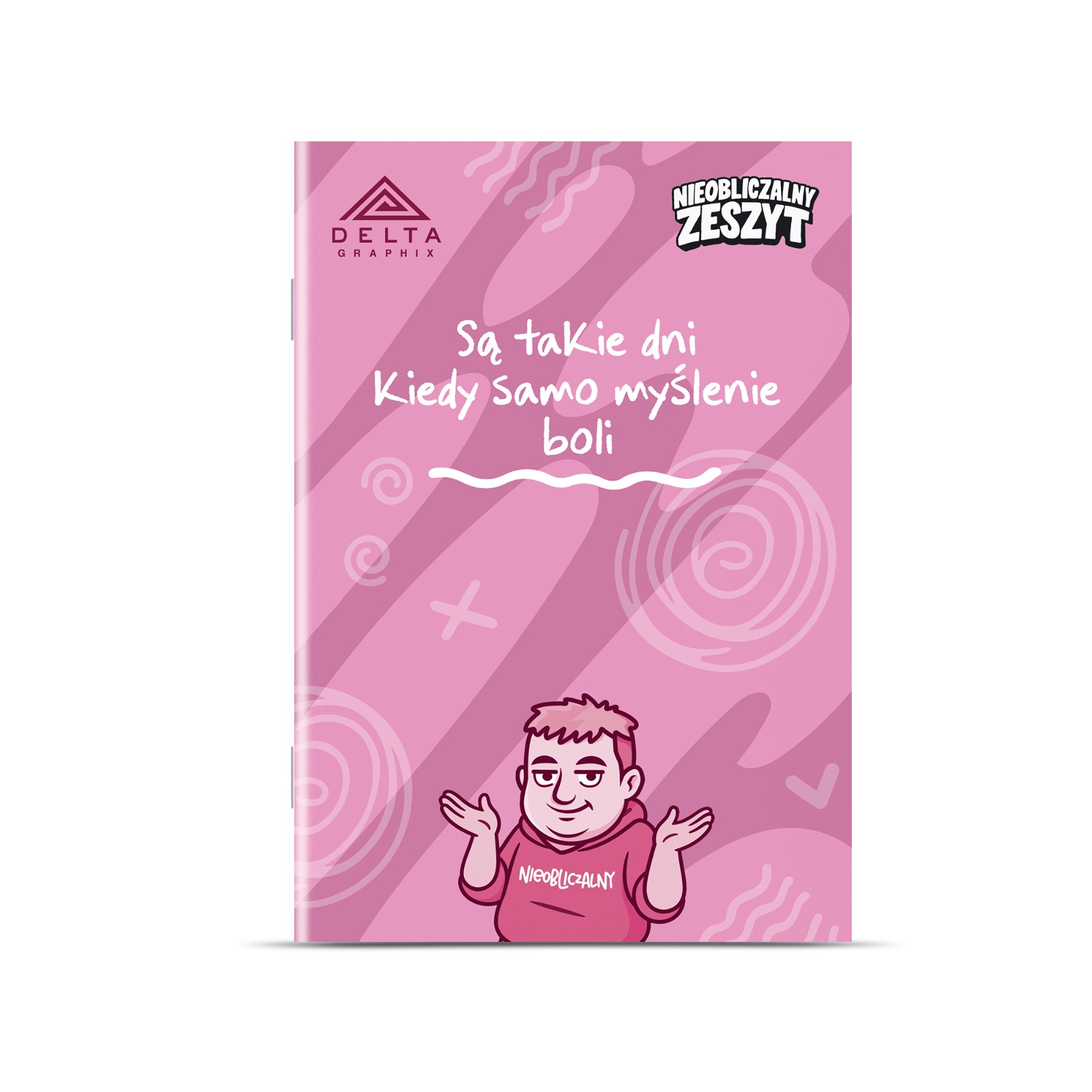Zeszyt w kratkę z różową okładką z postacią w różowej bluzie i napisem "Są takie dni, kiedy samo myślenie boli".
