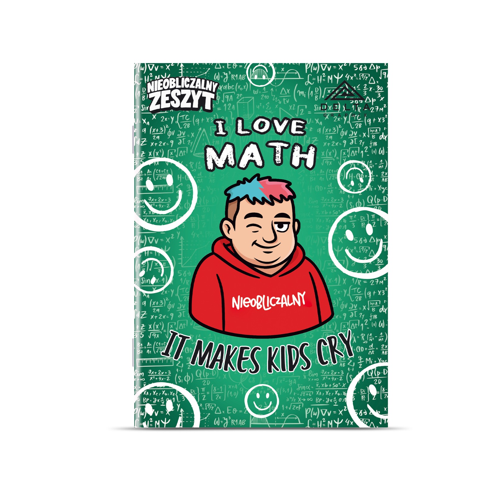 Zeszyt w kratkę z zieloną okładką i postacią w czerwonej bluzie z napisem "I love math – it makes kids cry".