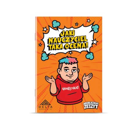 Zeszyt w kratkę z pomarańczową okładką i postacią w czerwonej bluzie z napisem "Jaki nauczyciel, taka ocena".