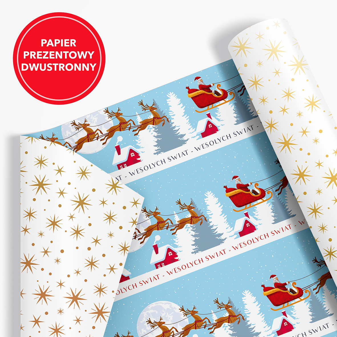 Papier Prezentowy Świąteczny Dwustronny z motywem Świętego Mikołaja w saniach na błękitnym tle tle, druga strona papieru biała w złote gwiazdki.