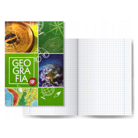 Zeszyt do geografii w kolorze zielonym w kratkę.
