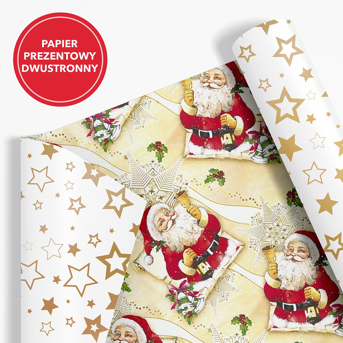 Papier Prezentowy Świąteczny Dwustronny z motywem Świętego Mikołaja na złotym tle, druga strona papieru biała w złote gwiazdki.