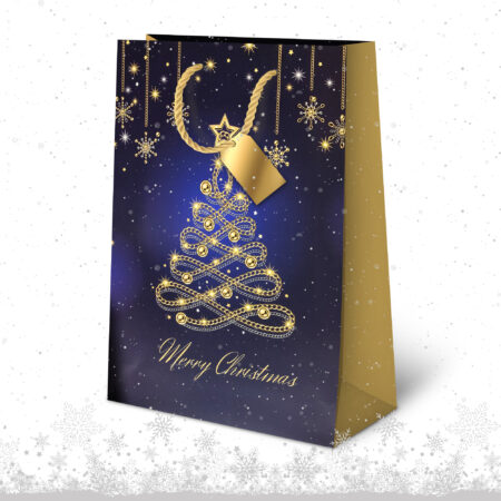 Torba ozdobna bożonarodzeniowa granatowa ze złotymi zdobieniami.