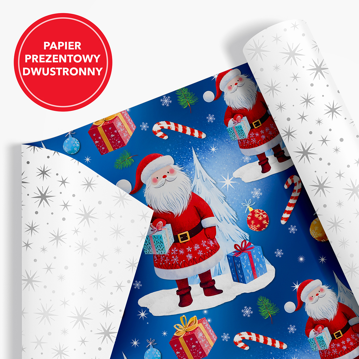 Papier Prezentowy Świąteczny Dwustronny z motywem Świętego Mikołaja na granatowym tle, druga strona papieru biała w srebrne gwiazdki.