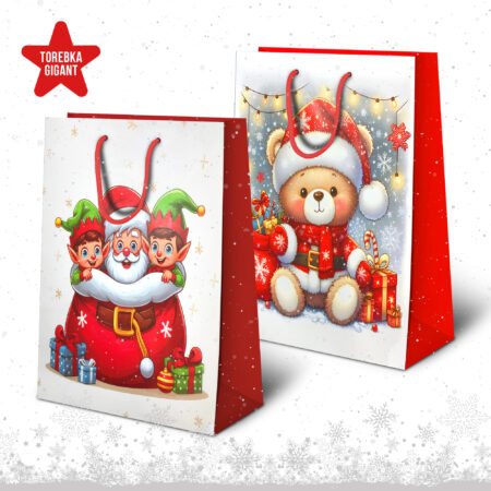 Torebki prezentowe bożonarodzeniowe czerwono-białe jedna z misiem z prezentami, druga ze Świętym Mikołajem i skrzatami.