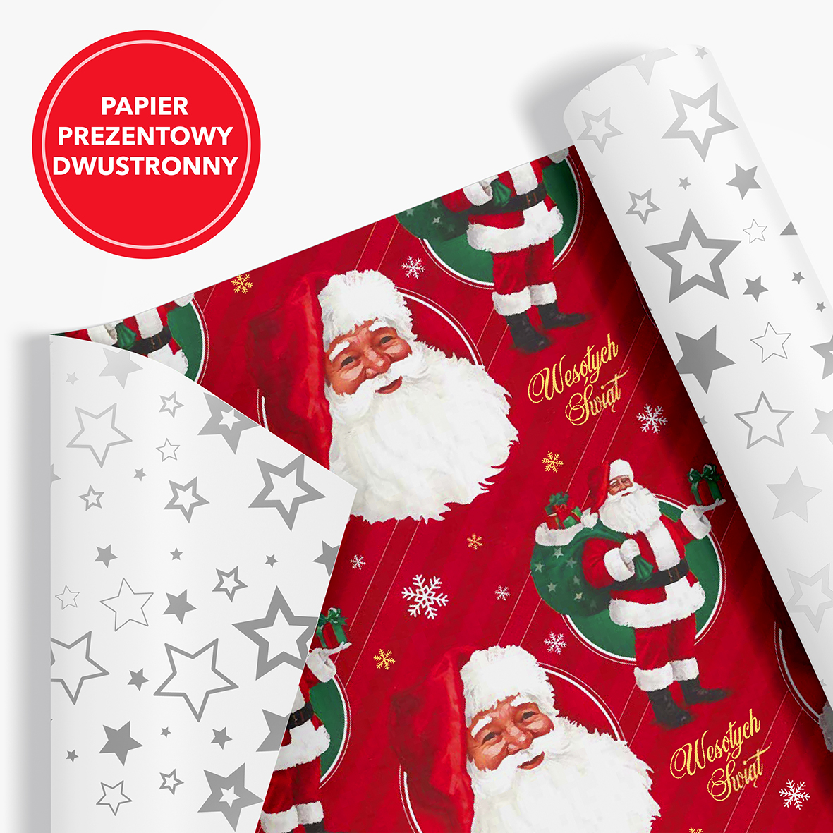 Papier Prezentowy Świąteczny Dwustronny z motywem Świętego Mikołaja na czerwonym tle, druga strona papieru biała w srebrne gwiazdki.
