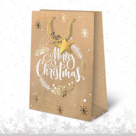 Torebka ozdobna bożonarodzeniowa brązowa z napisem Merry Christmas.