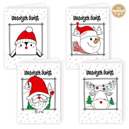 Kartki ozdobne bożonarodzeniowe białe z motywem pingwinka, bałwana, świętego Mikołaja i renifera.