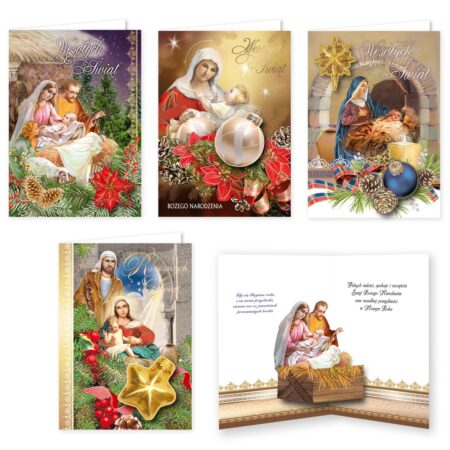 Kartki bożonarodzeniowe religijne przestrzenne złocone.