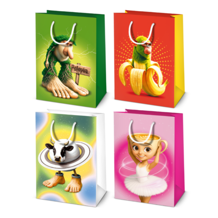 Cztery torebki ozdobne prezentowe z serii Italian Brainrot. Torebki z postaciami takimi jak BRR Patapim - ogromna małpa-drzewo z wielkimi stopami, Chimpanzini Bananini - zielony szympans przemieniony w banana, La Vaca Saturno Saturnita - kosmiczna krowa z pierścieniami Saturna oraz Ballerina Cappuccina - filiżanka baletnica.