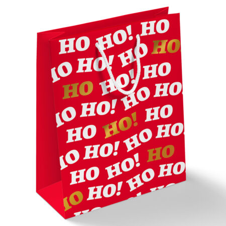 Torebka świąteczna ozdobna czerwona w białe i złote napisy Ho! Ho! Ho!