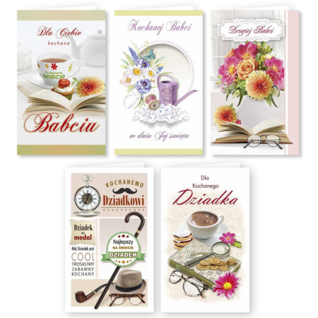 Kartki na dzień babci i dziadka z kolorowym motywem kwiatowym i kolorowymi życzeniami w środku.