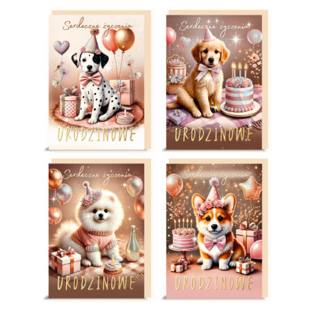 Kartki urodzinowe z motywem piesków w urodzinowych czapeczkach.