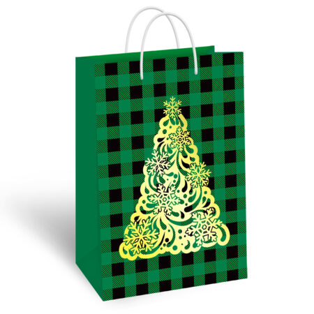 Torebka ozdobna świąteczna zielona w czarną kratę ze złotą choinką.