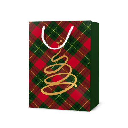 Torebka ozdobna świąteczna w czerwono-zieloną kratę ze złotą choinką.