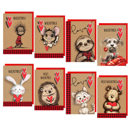 Kartki walentynkowe brązowe tło ze zwierzątkami i czerwonym akcentem.