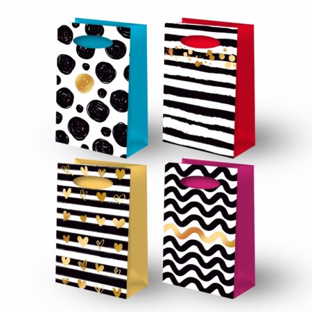 Torebki ozdobne biało-czarne w różne wzory z kolorowymi akcentami.