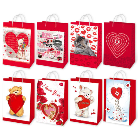 Torebka ozdobna walentynkowa w kolorze czerwonym, różne wzory.