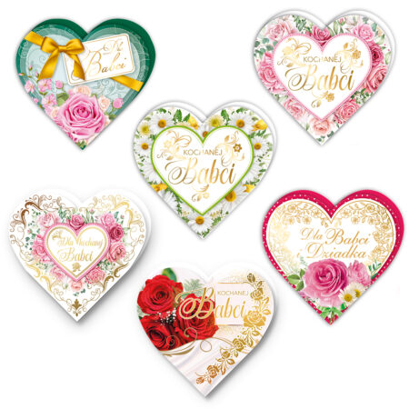 Kartki na dzień babci w kształcie serca z kolorowym motywem kwiatowym i złoceniem.