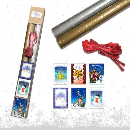 Zestaw świąteczny prezentowy: papier, zawieszki i rafia.