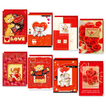 Kartki walentynkowe w kolorze czerwonym z motywem misiów oraz złoceniem.
