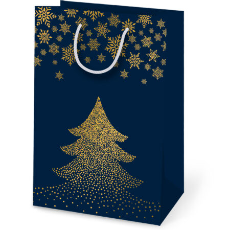 Torebka świąteczna ozdobna granatowa ze złotą choinką.