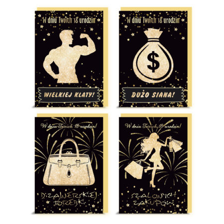 Kartki urodzinowe z okazji osiemnastych urodzin czarne ze złotymi elementami.