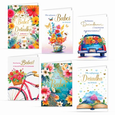 Kartki na dzień babci i dziadka z kolorowymi motywami.