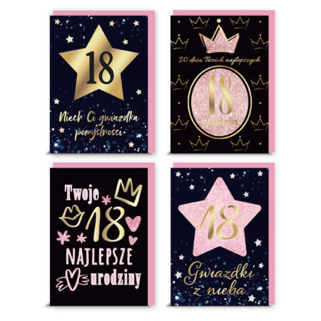 Kartki urodzinowe z okazji osiemnastych urodzin czarne z różowymi elementami.