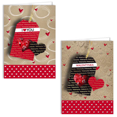 Kartka walentynkowa z tłoczeniem oraz z konfetti w kształcie serduszek.