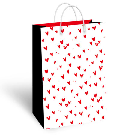 Torebka prezentowa ozdobna w kolorze białym w czerwone serduszka.