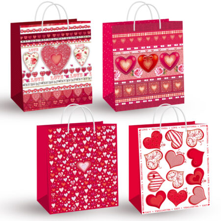 Torebka ozdobna walentynkowa w kolorze czerwonym, różne wzory.