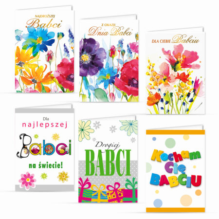 Kartki na dzień babci z kolorowym motywem kwiatowym.