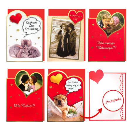 Zdjęcie przedstawia kartki walentynkowe, różne rodzaje