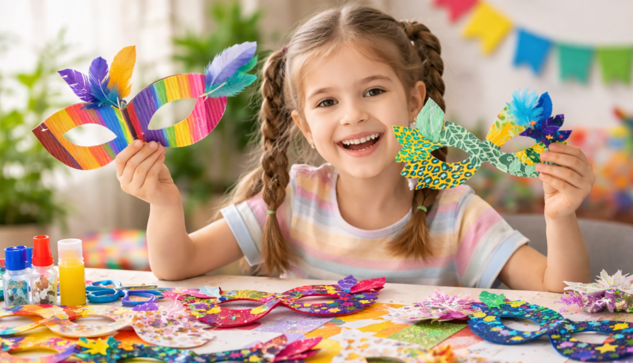 Na zdjęciu widoczna jest dziewczynka z maskami karnawałowymi.