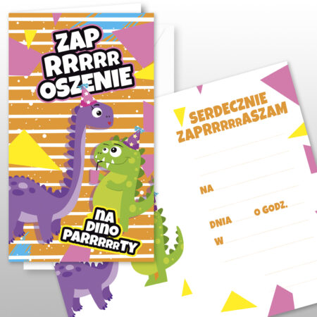 Zdjęcie przedstawia zaproszenie, na okładce znajduje się duży napis zaproszenie oraz dinozaury w urodzinowych czapeczkach