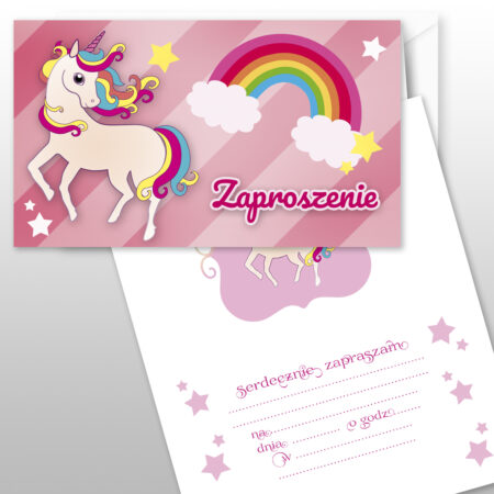 Zdjęcie przedstawia zaproszenie, na okładce znajduje się duży napis zaproszenie oraz jednorożec i tęcza