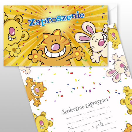Zdjęcie przedstawia zaproszenie, na okładce znajduje się duży napis zaproszenie oraz kreskówkowe zwierzątka (miś, kotek, królik)