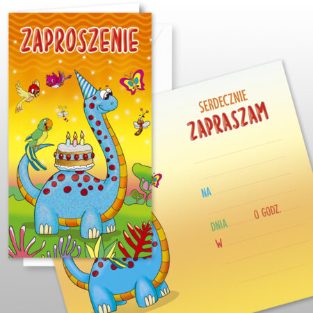 Zdjęcie przedstawia zaproszenie, na okładce znajduje się duży napis zaproszenie oraz dinozaur z tortem.