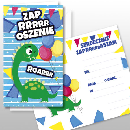 Zdjęcie przedstawia zaproszenie, na okładce znajduje się duży napis zaproszenie oraz dinozaur