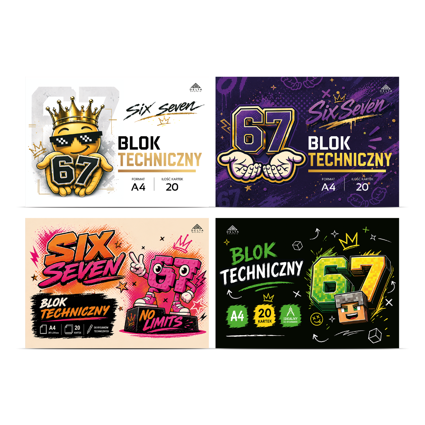 cztery wzory okładek bloku technicznego z motywem six seven